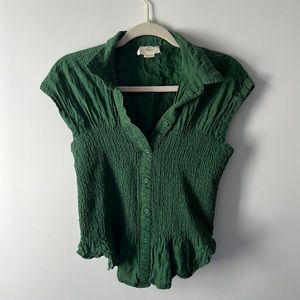 Maeve (Anthropologie) - Green Smocked Button Up Top I Size Medium